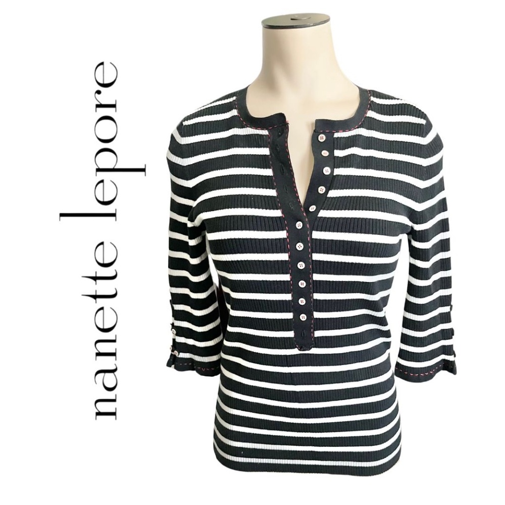 EUC Vintage Nanette Lepore Navy White Stripe Henley Top // Size Small